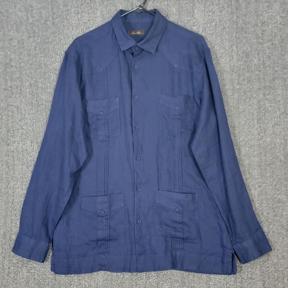 Tasso Elba Shirt Mens Large Blue 100% Linen Long Sleeve Casual Button Front